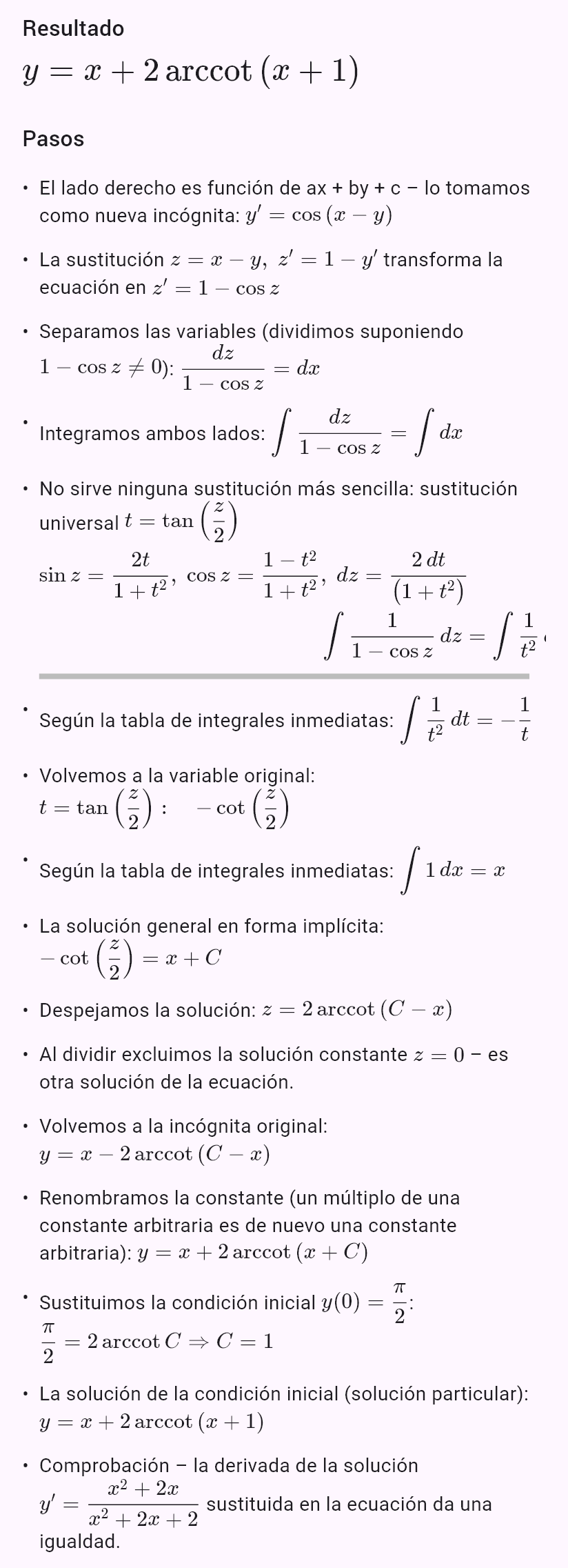 y' = cos(x - y), y(0) = pi/2