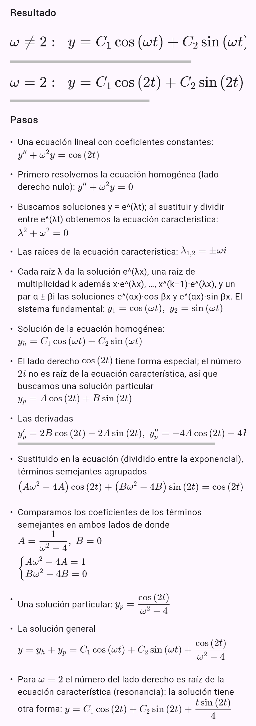 y'' + ω^2y = cos(2t)