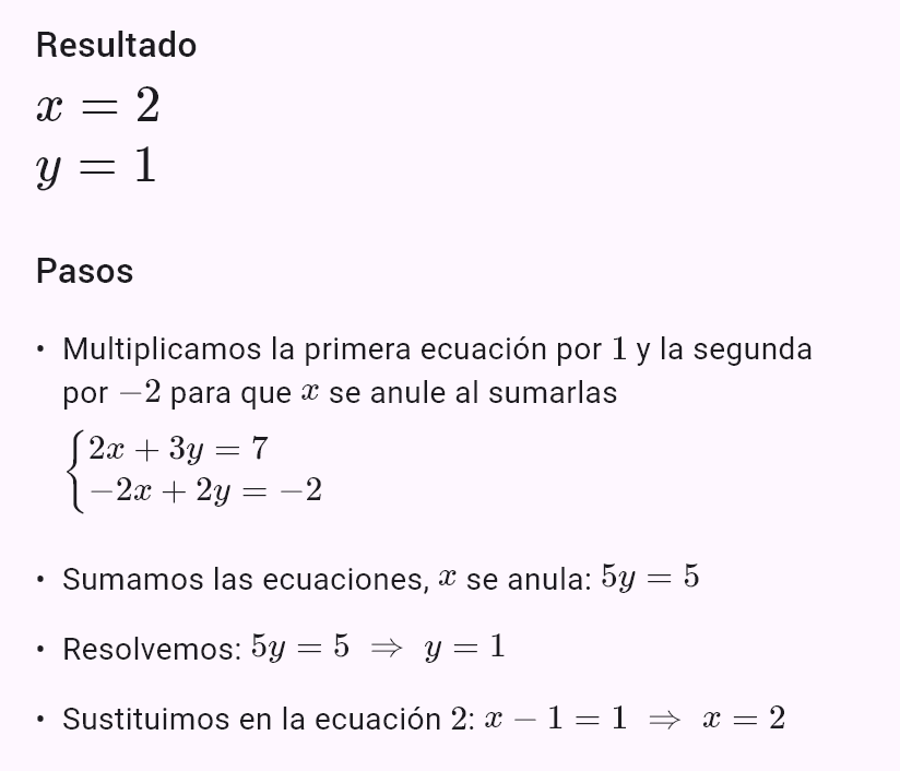 2x + 3y = 7
x - y = 1