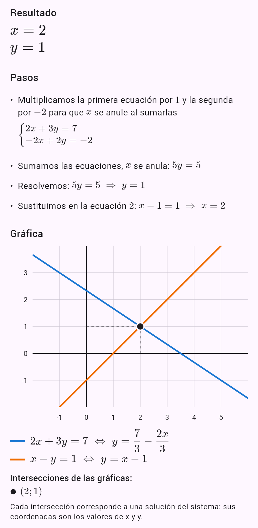 2x + 3y = 7
x - y = 1
