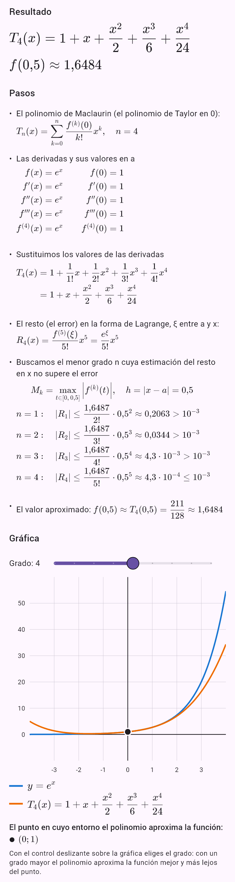 taylor(e^x, 0, chyba=0.001, x=0.5)