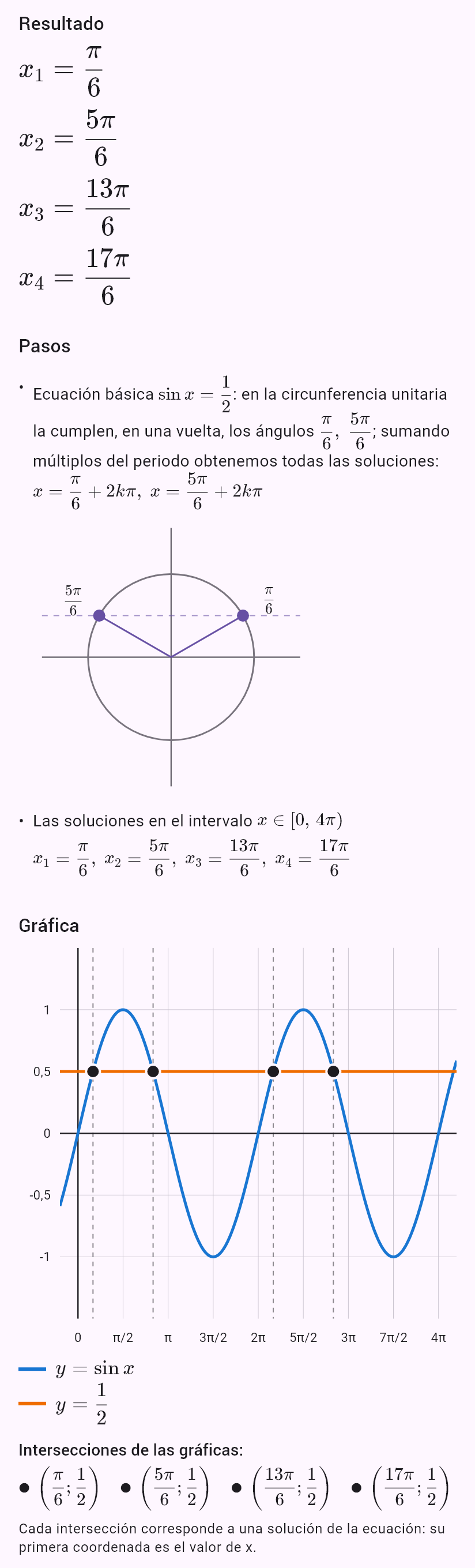 sin x = 1/2, x ∈ <0; 4pi)