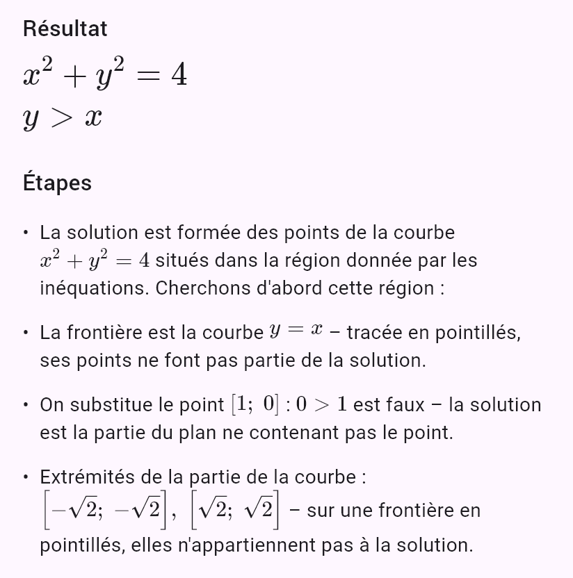 x^2 + y^2 = 4
y > x
