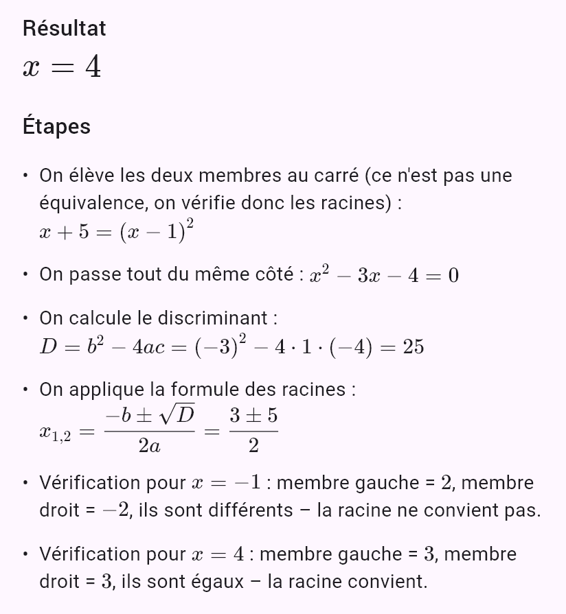 sqrt(x+5) = x - 1