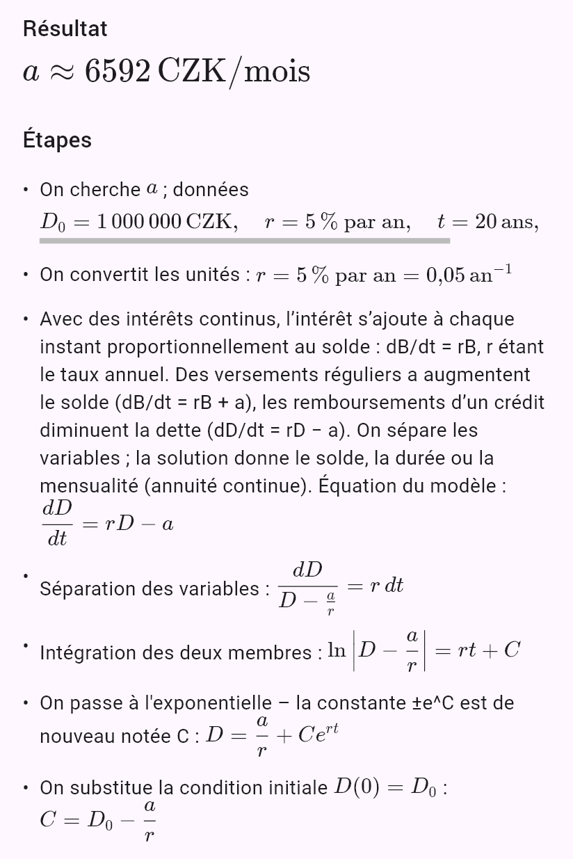 model(interest; find=a[CZK_mo]; B0=1000000[CZK]; r=5[pct_yr]; t=20[yr]; B=0[CZK]; kind=loan)