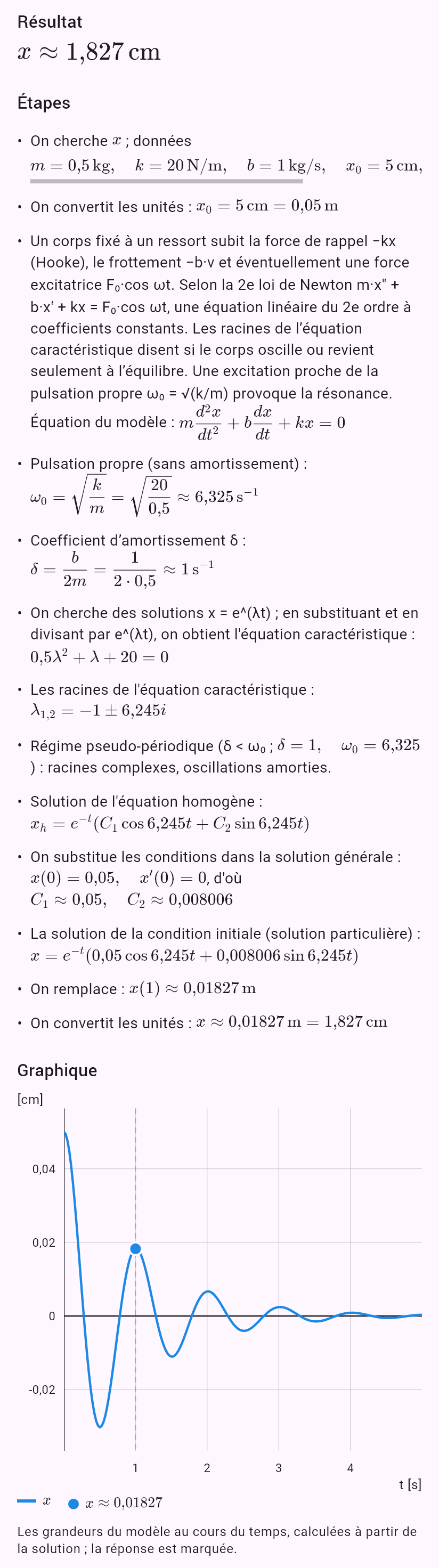 model(spring; find=x[cm]; m=0.5[kg]; k=20[N_m]; b=1[kg_s]; x0=5[cm]; v0=0[m_s]; t=1[s])
