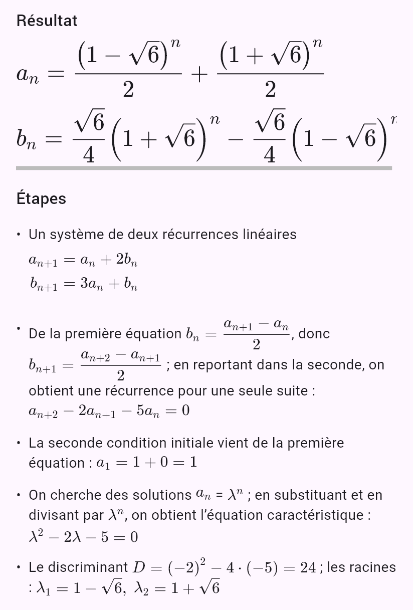 a_{n+1} = a_n + 2b_n
b_{n+1} = 3a_n + b_n
a_0 = 1, b_0 = 0