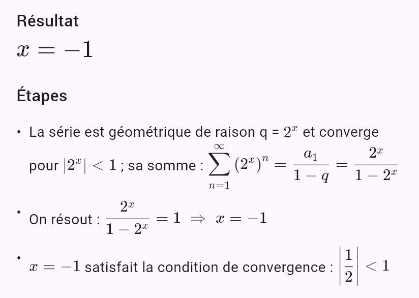 sum((2^x)^n, n, 1, oo) = 1