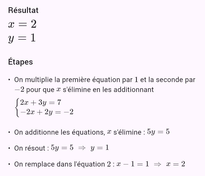 2x + 3y = 7
x - y = 1