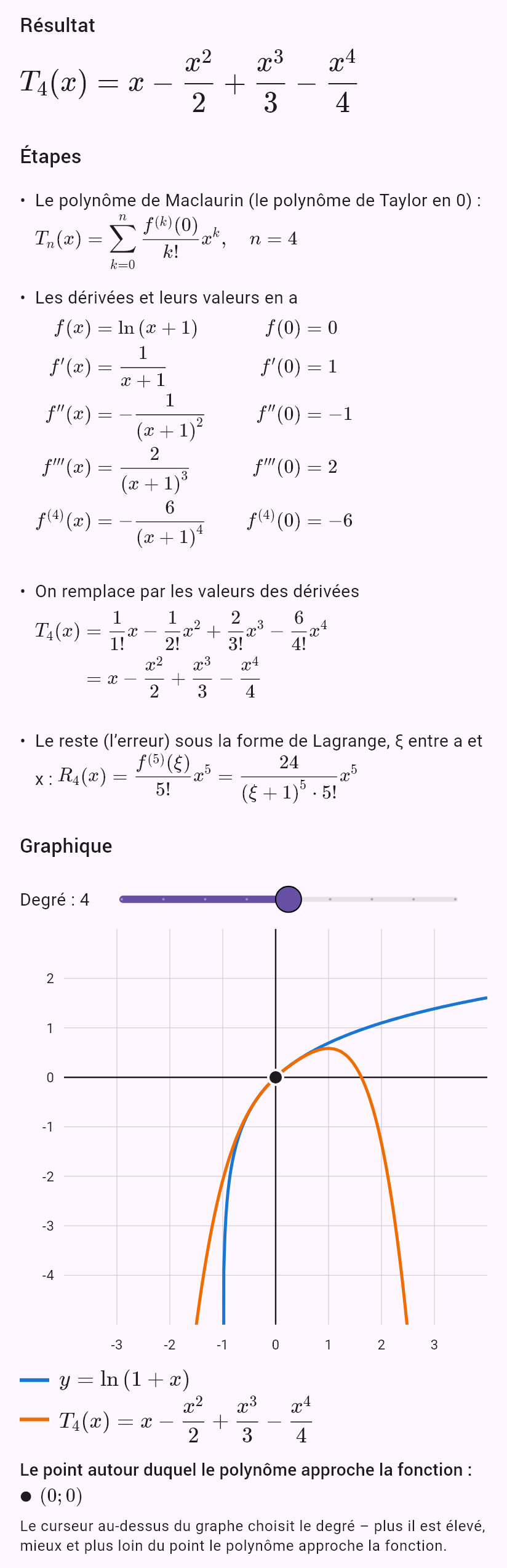 taylor(ln(1 + x), 0, 4)