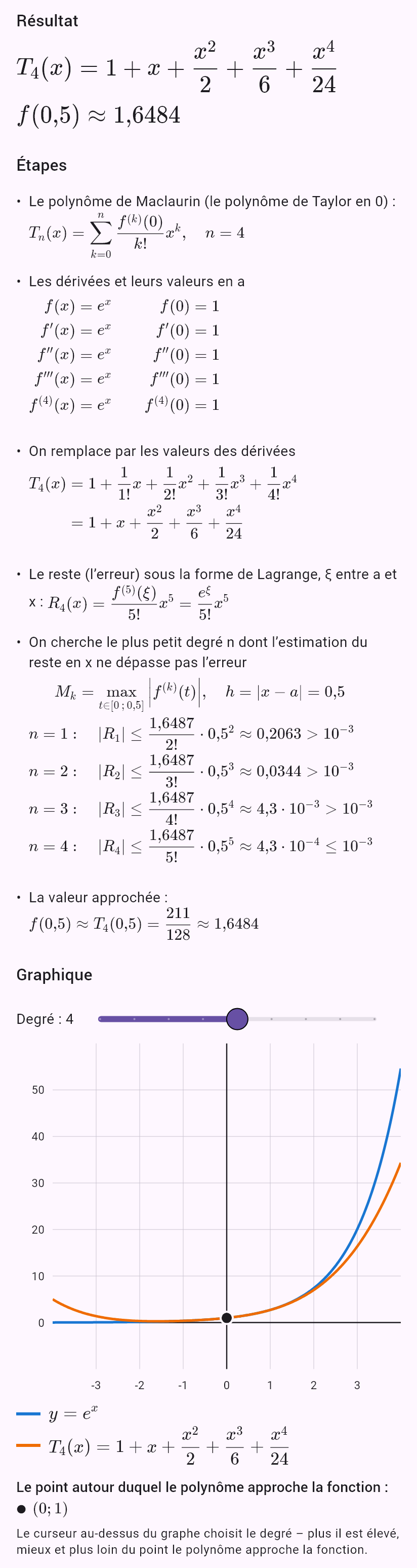 taylor(e^x, 0, chyba=0.001, x=0.5)