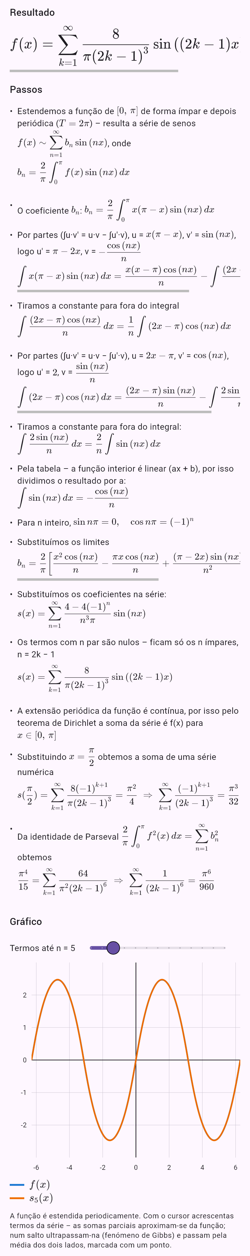 fouriersin(x*(pi - x), 0, pi)