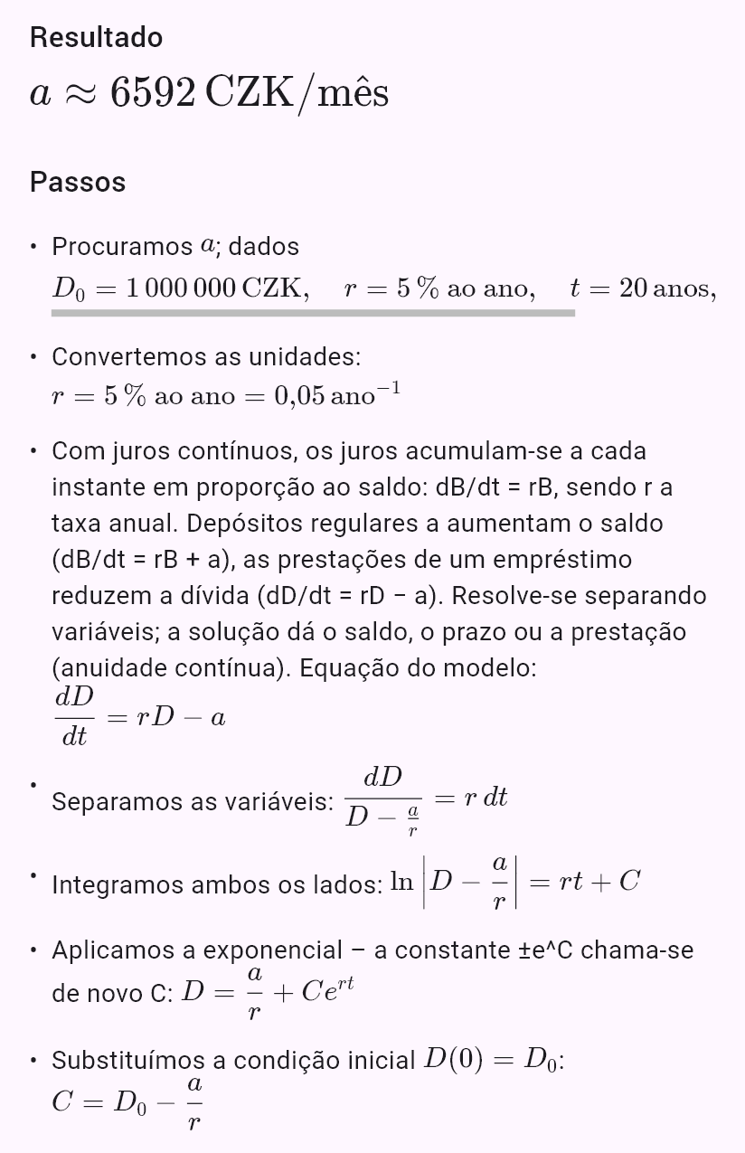 model(interest; find=a[CZK_mo]; B0=1000000[CZK]; r=5[pct_yr]; t=20[yr]; B=0[CZK]; kind=loan)