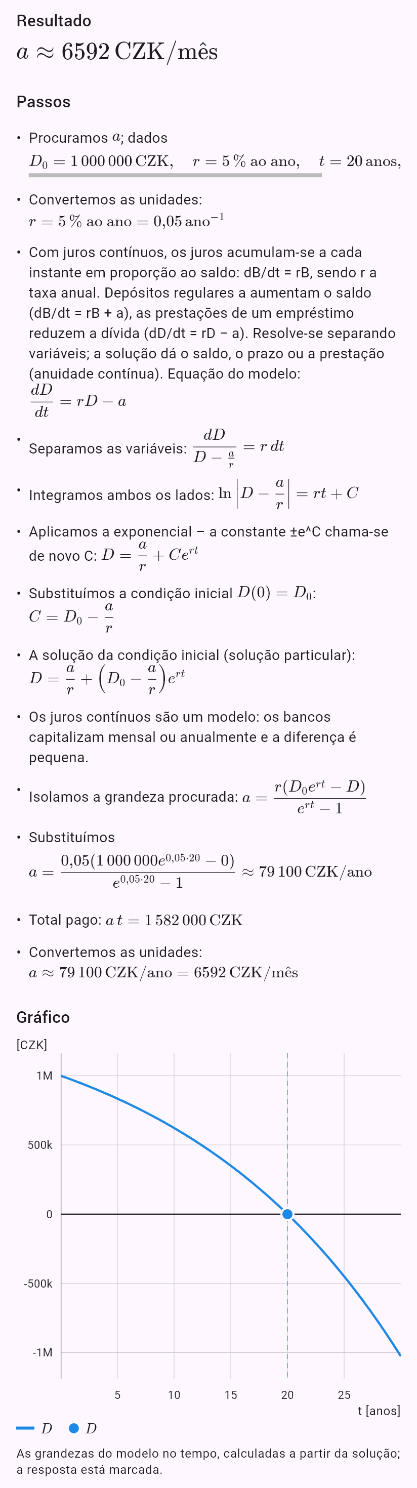 model(interest; find=a[CZK_mo]; B0=1000000[CZK]; r=5[pct_yr]; t=20[yr]; B=0[CZK]; kind=loan)