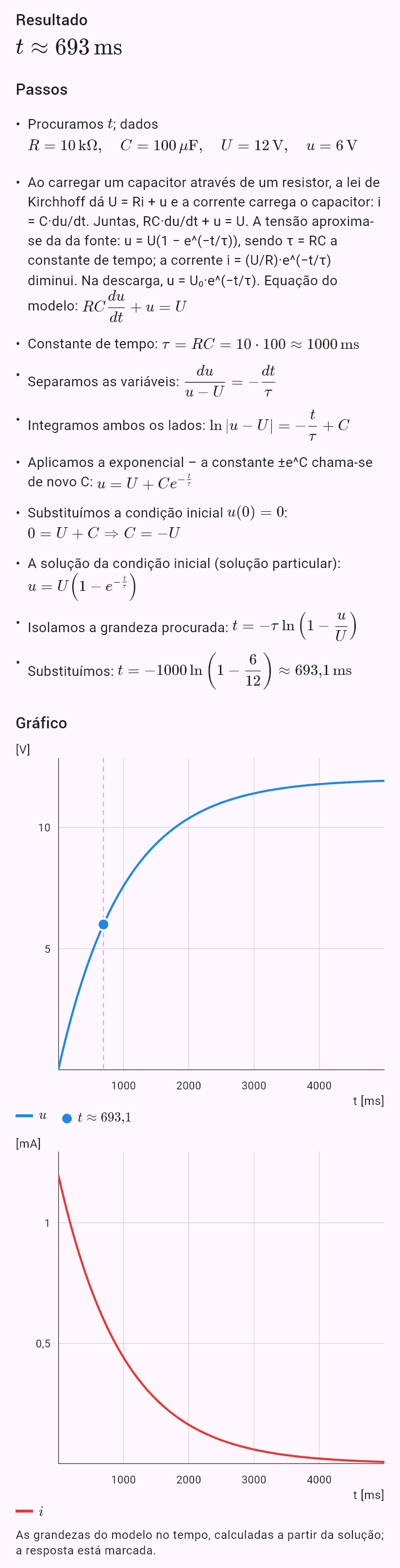 model(rc; find=t[ms]; R=10[kohm]; C=100[uF]; U=12[V]; u=6[V]; mode=charge)