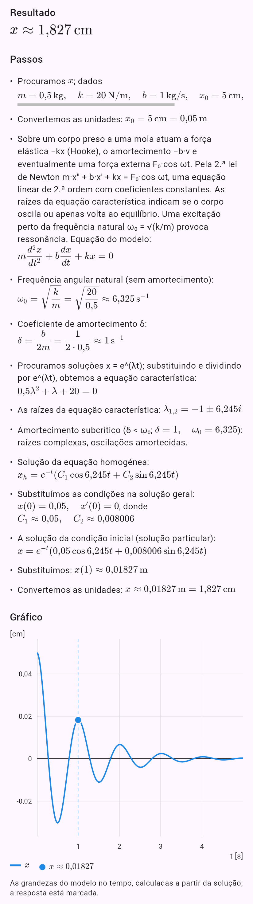 model(spring; find=x[cm]; m=0.5[kg]; k=20[N_m]; b=1[kg_s]; x0=5[cm]; v0=0[m_s]; t=1[s])