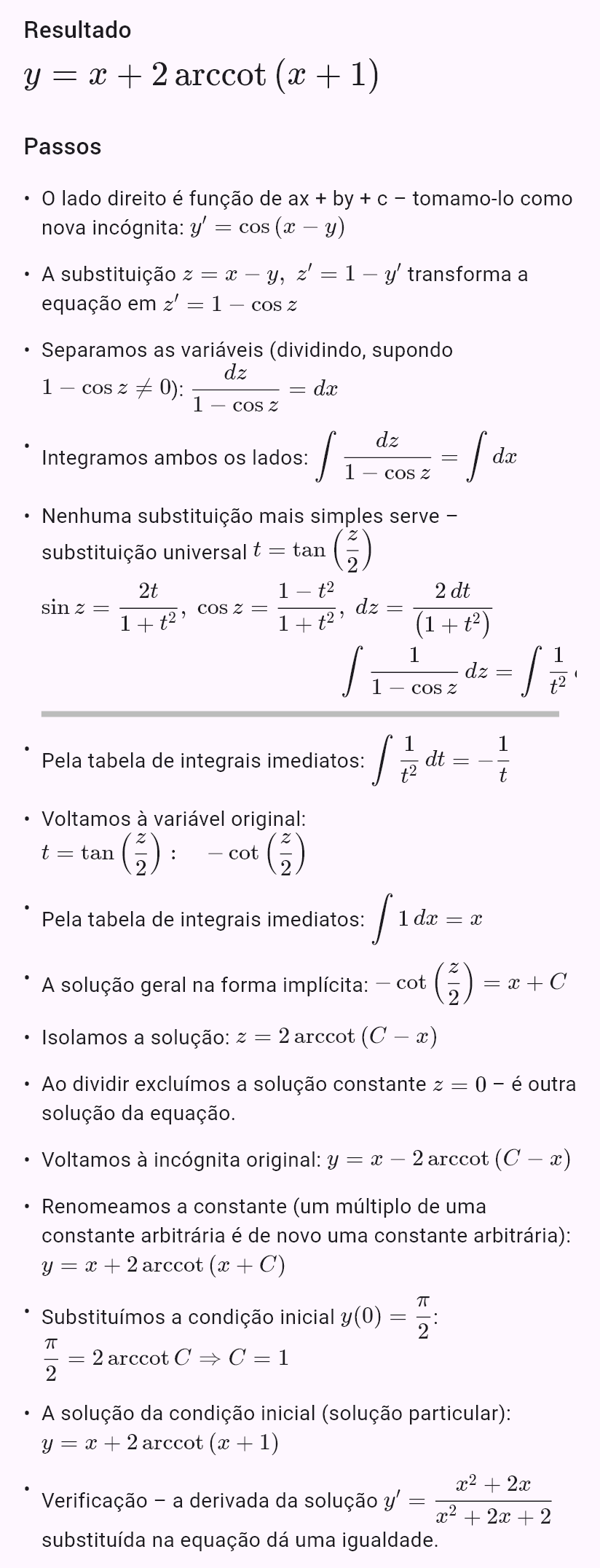 y' = cos(x - y), y(0) = pi/2
