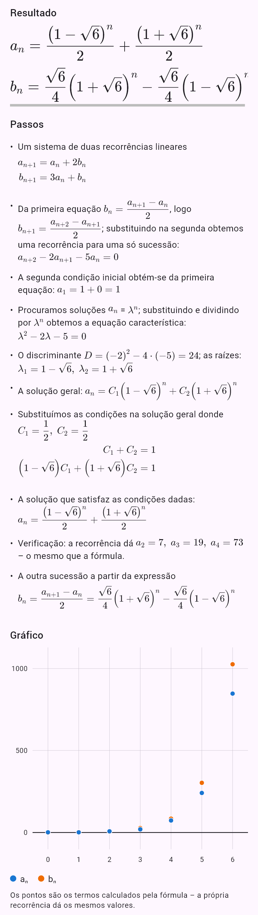 a_{n+1} = a_n + 2b_n
b_{n+1} = 3a_n + b_n
a_0 = 1, b_0 = 0