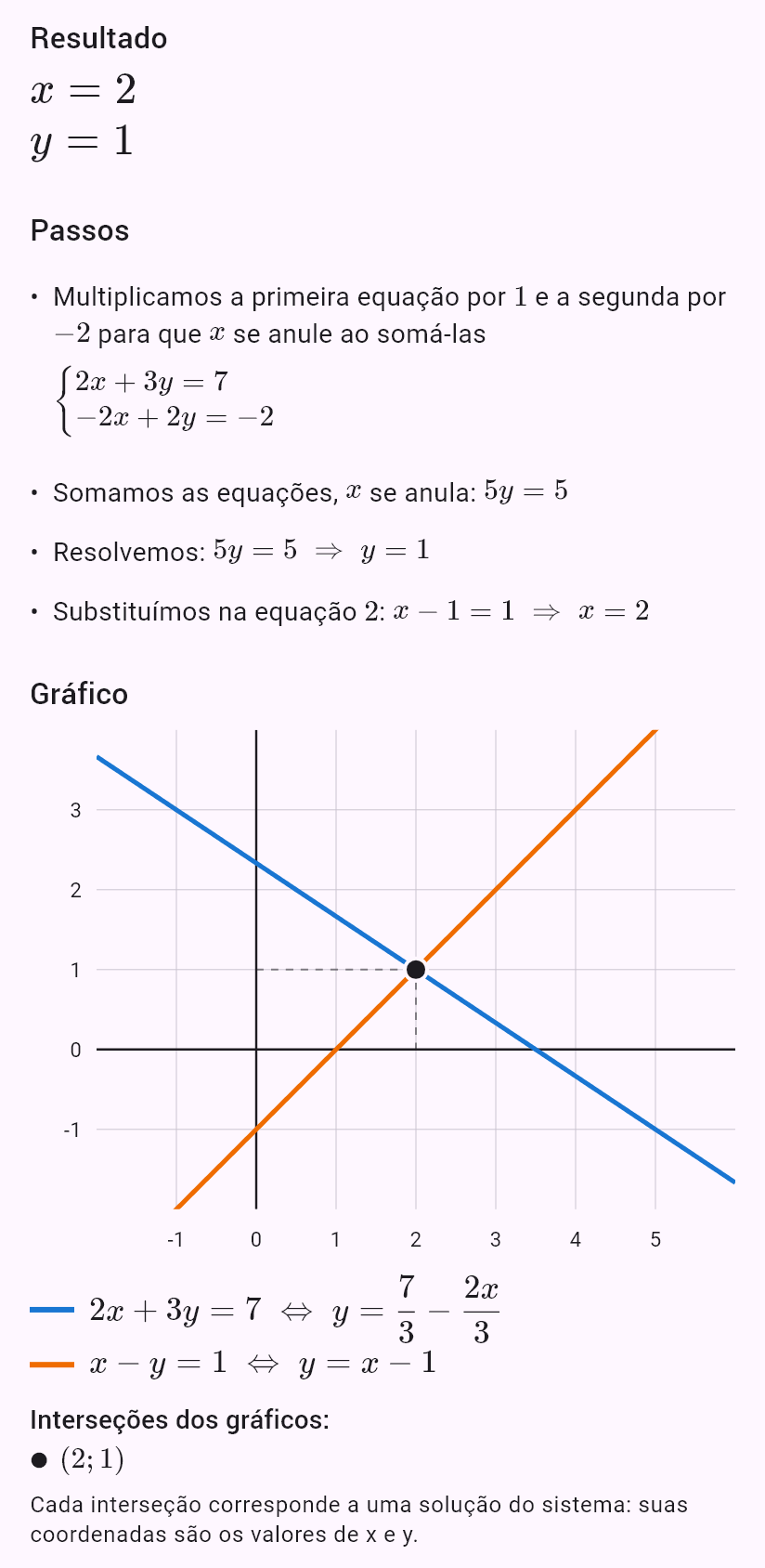 2x + 3y = 7
x - y = 1