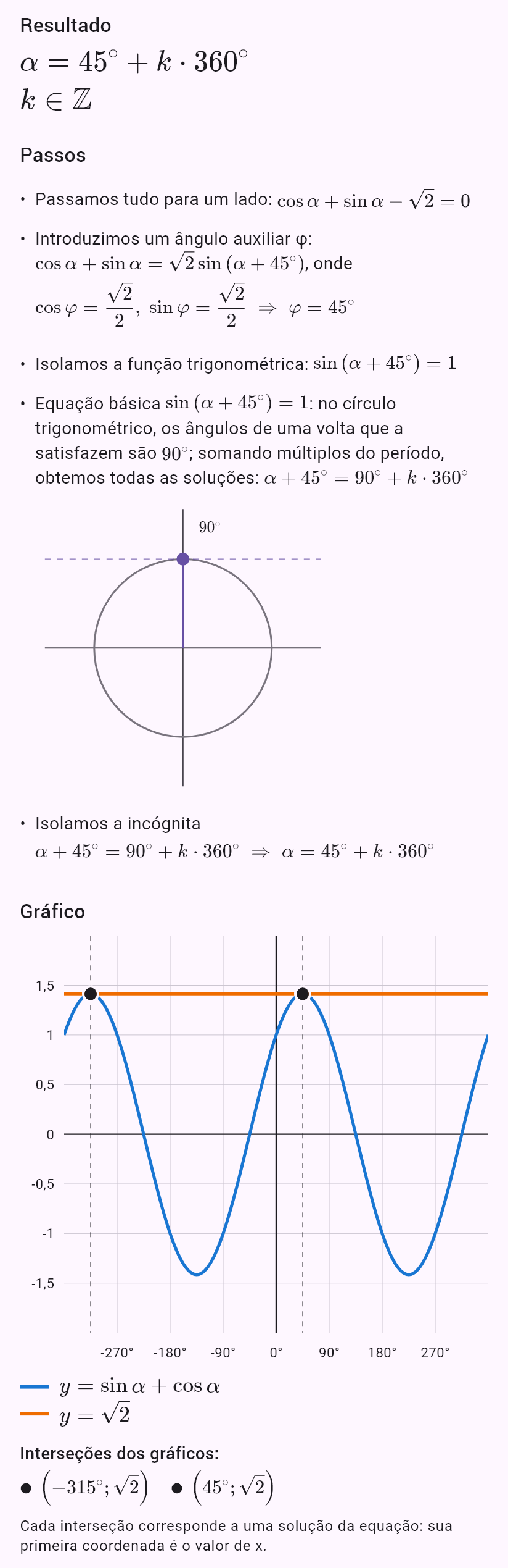 sin alpha + cos alpha = sqrt(2)