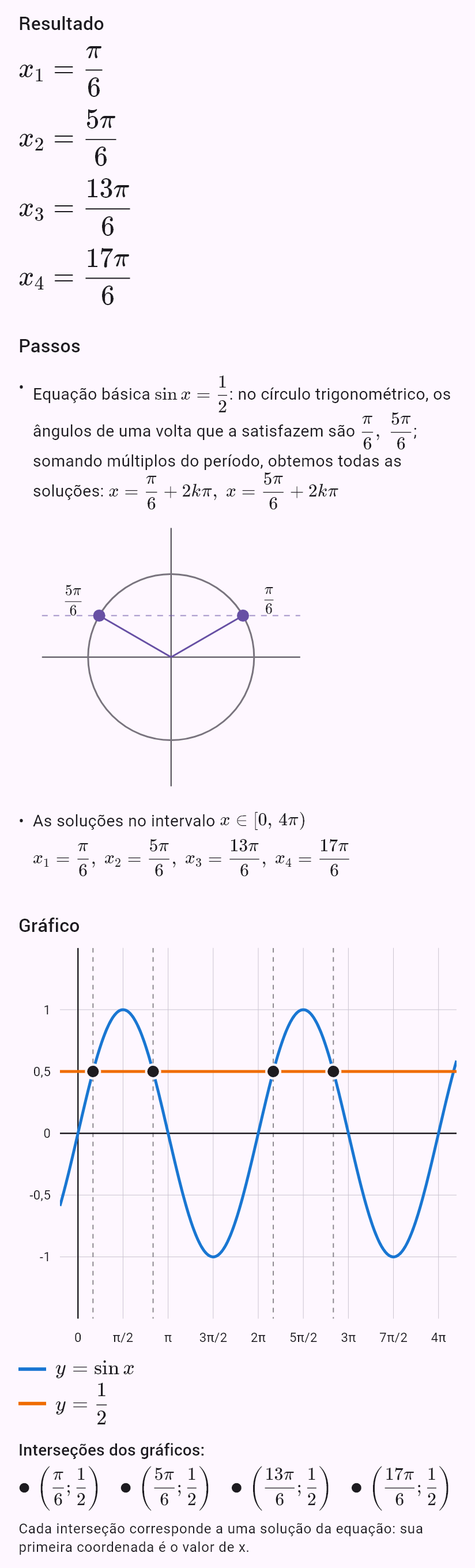 sin x = 1/2, x ∈ <0; 4pi)